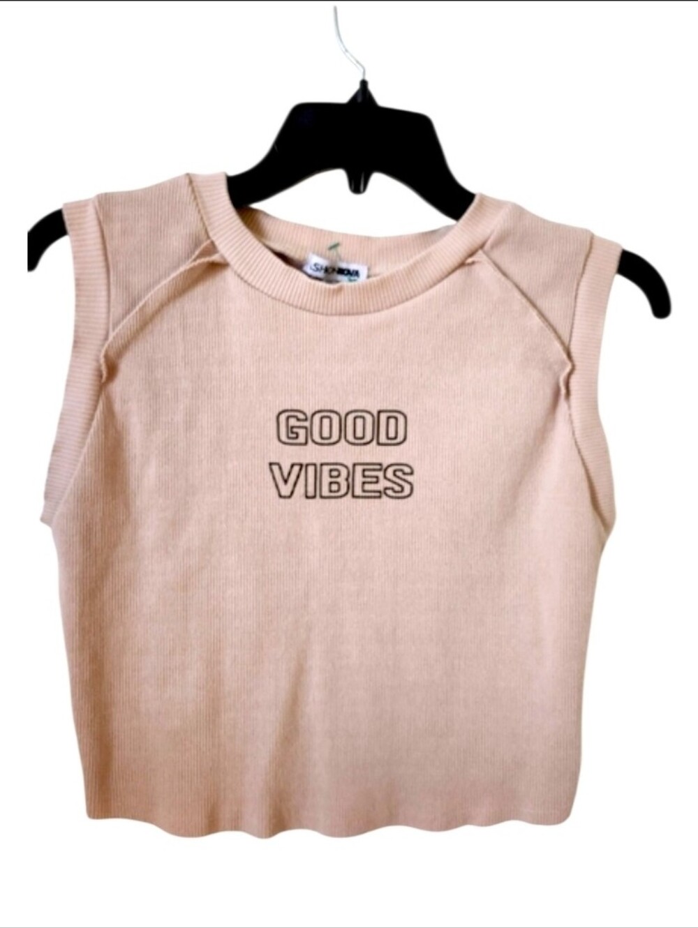 Fashion Nova Good Vibes Embroidered Tan Ribbed Crop Top Sleeveless S